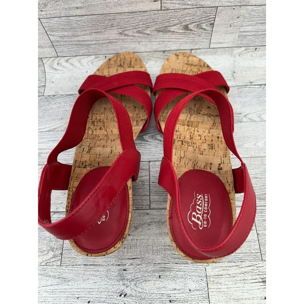 Bass Go-To Comfort Lorna Red Cork Wedge Sandals‎ Elastic Strap Women's Size 8M